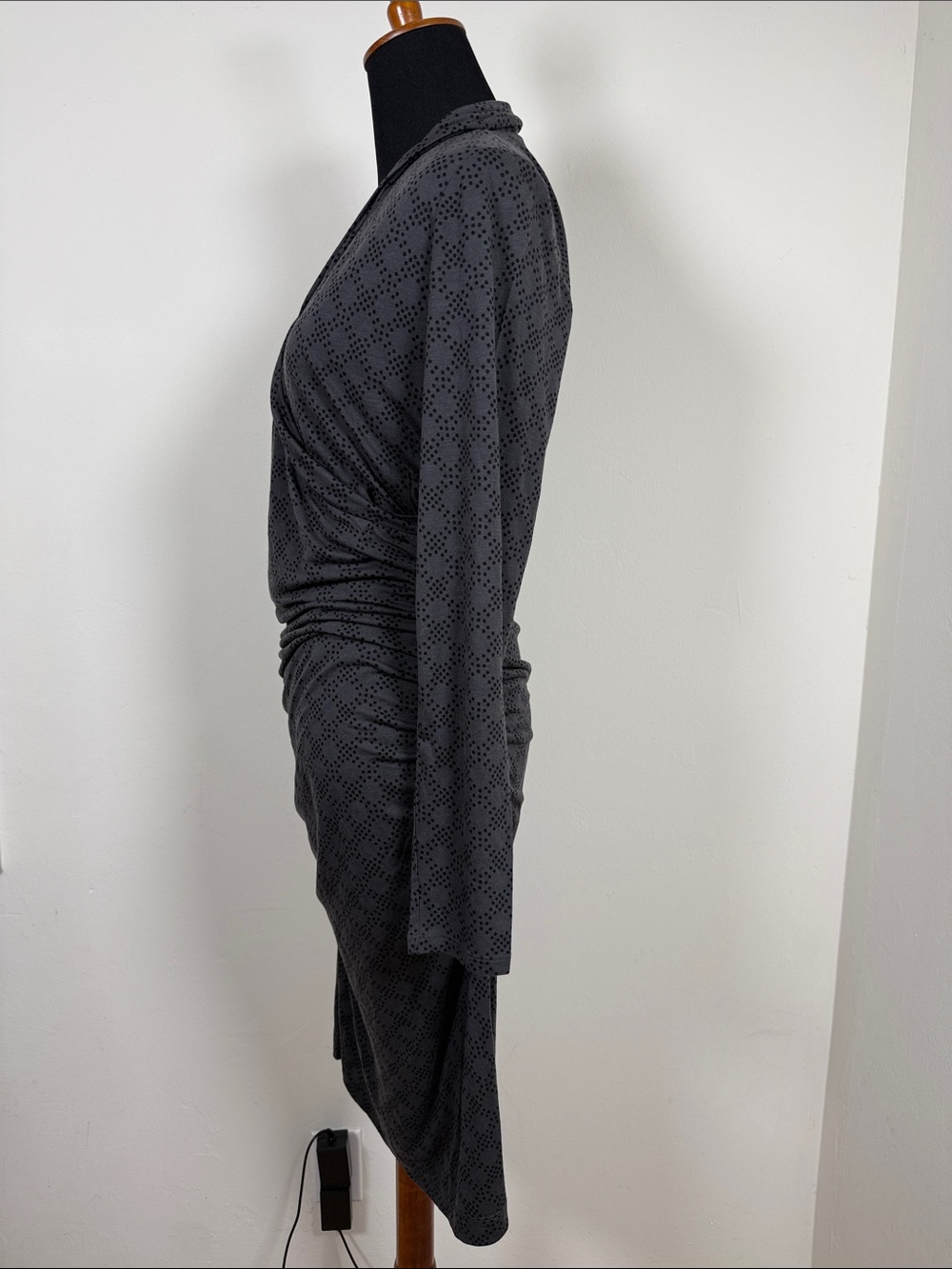 BODEN Gray Black Polkadot Long-Sleeve Faux Wrap Dress 8R - Picture 5 of 6
